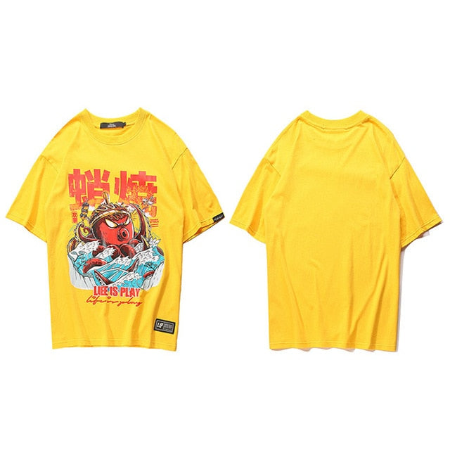 Hip Hop T Shirt Streetwear Oversized Funny Octopus Men Harajuku T-Shirt Japanese Style Summer Tops Tees Cotton Tshirt Black