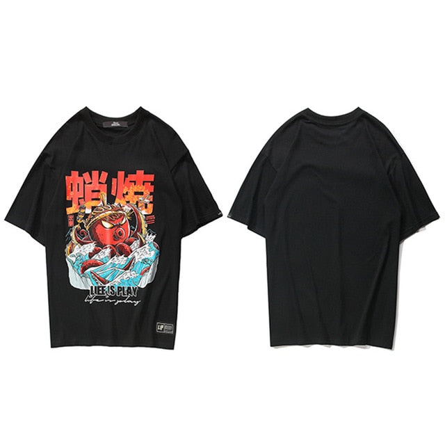 Hip Hop T Shirt Streetwear Oversized Funny Octopus Men Harajuku T-Shirt Japanese Style Summer Tops Tees Cotton Tshirt Black