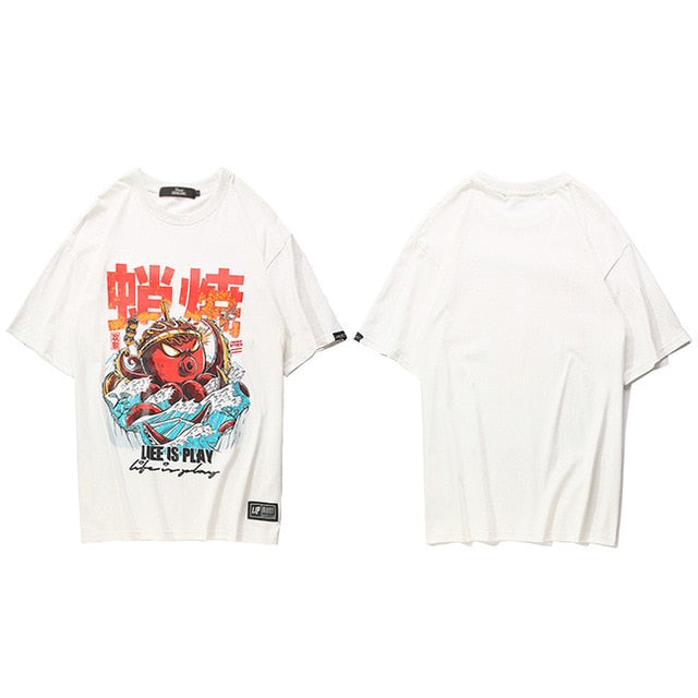 Hip Hop T Shirt Streetwear Oversized Funny Octopus Men Harajuku T-Shirt Japanese Style Summer Tops Tees Cotton Tshirt Black