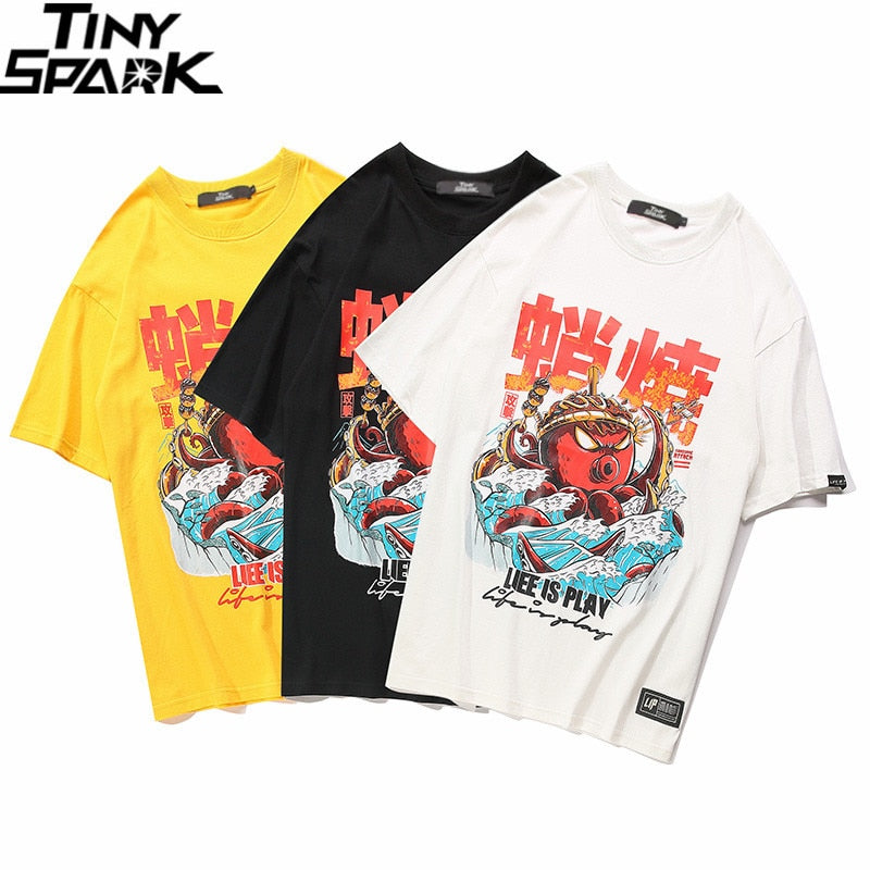 Hip Hop T Shirt Streetwear Oversized Funny Octopus Men Harajuku T-Shirt Japanese Style Summer Tops Tees Cotton Tshirt Black
