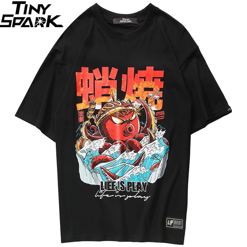 Hip Hop T Shirt Streetwear Oversized Funny Octopus Men Harajuku T-Shirt Japanese Style Summer Tops Tees Cotton Tshirt Black