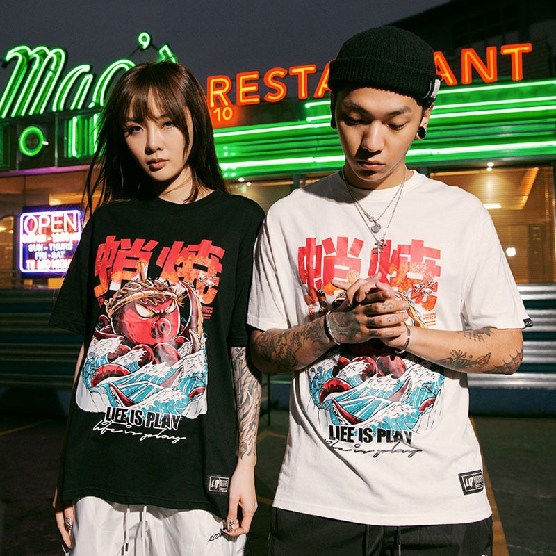 Hip Hop T Shirt Streetwear Oversized Funny Octopus Men Harajuku T-Shirt Japanese Style Summer Tops Tees Cotton Tshirt Black