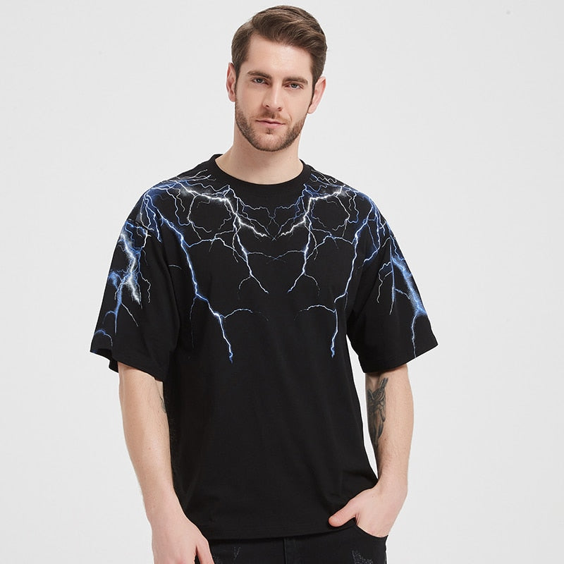 Streetwear Dark Lightning T Shirt Hip Hop Men Harajuku Tshirt Short Sleeve Cotton T-Shirt Fashion Black Tops Tees HipHop