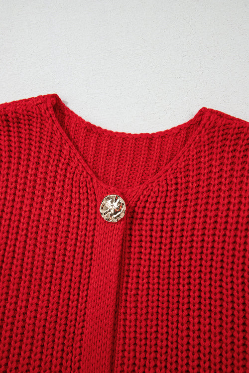 Fiery Red Solid Textured Knit Side Pockets Buttoned Sweater Vest Stoo