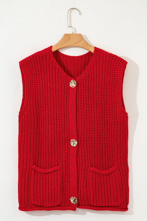 Fiery Red Solid Textured Knit Side Pockets Buttoned Sweater Vest Stoo