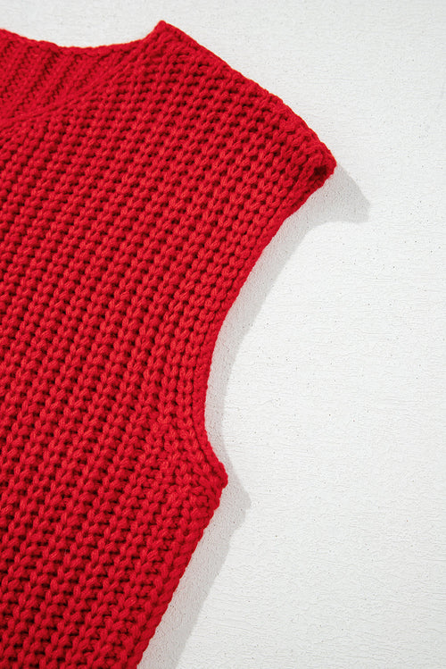 Fiery Red Solid Textured Knit Side Pockets Buttoned Sweater Vest Stoo