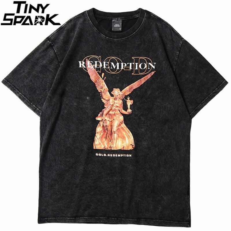 Hip Hop T Shirt Men Streetwear Harajuku Washed Tshirt Reddemption Angel Summer Short Sleeve T-Shirt Cotton Fashion Tops Tee