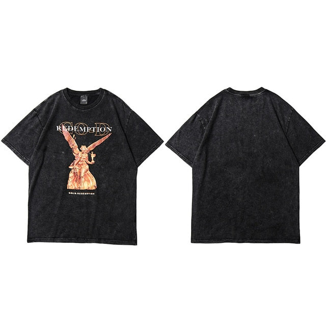 Hip Hop T Shirt Men Streetwear Harajuku Washed Tshirt Reddemption Angel Summer Short Sleeve T-Shirt Cotton Fashion Tops Tee