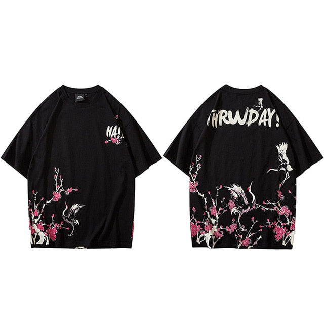 Japanese Sakura T Shirt Hip Hop Streetwear Men Harajuku Crane Tshirt Short Sleeve Summer Fashion Casual T-Shirt Cotton New