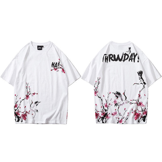 Japanese Sakura T Shirt Hip Hop Streetwear Men Harajuku Crane Tshirt Short Sleeve Summer Fashion Casual T-Shirt Cotton New