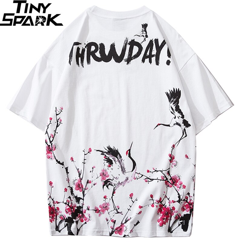 Japanese Sakura T Shirt Hip Hop Streetwear Men Harajuku Crane Tshirt Short Sleeve Summer Fashion Casual T-Shirt Cotton New