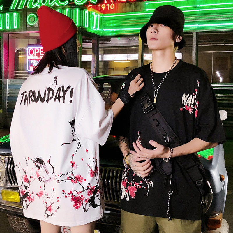 Japanese Sakura T Shirt Hip Hop Streetwear Men Harajuku Crane Tshirt Short Sleeve Summer Fashion Casual T-Shirt Cotton New