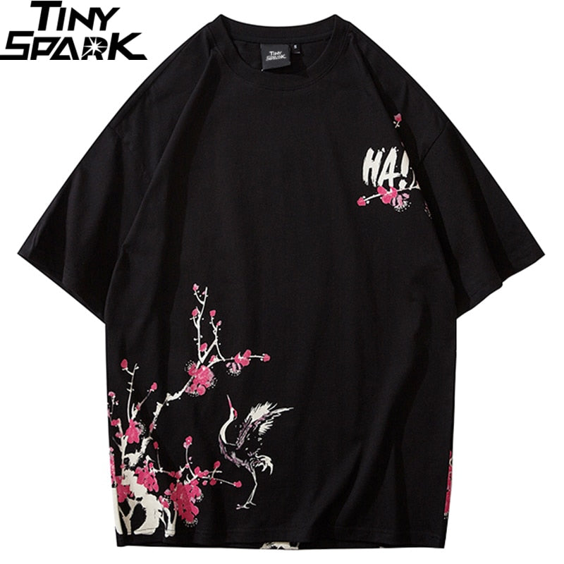 Japanese Sakura T Shirt Hip Hop Streetwear Men Harajuku Crane Tshirt Short Sleeve Summer Fashion Casual T-Shirt Cotton New