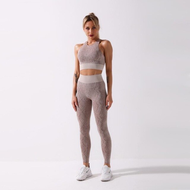 Seamless Python Pattern Yoga Set Gym Clothing Fashion Tank Crop Top Leggings Suit Push Up Workout Training Running Tracksuit