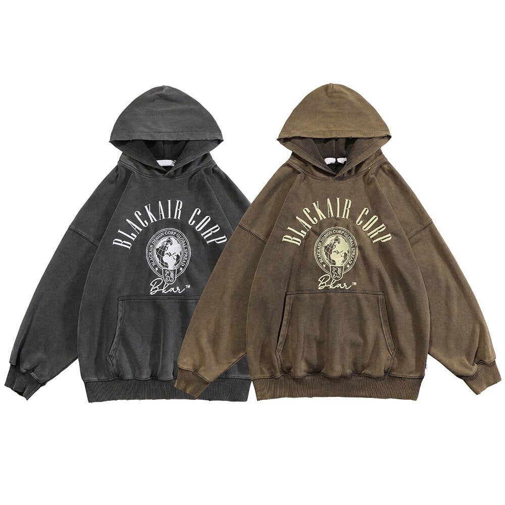 Hoodie Men Embroidery Washed Distressed Hooded Pullover Autumn Oversized Retro Punk All-match Sweatshirt Men Streetwear
